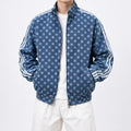 Men's Polka-Dot Side-Stripe Cropped Denim Jacket in blue - worn view