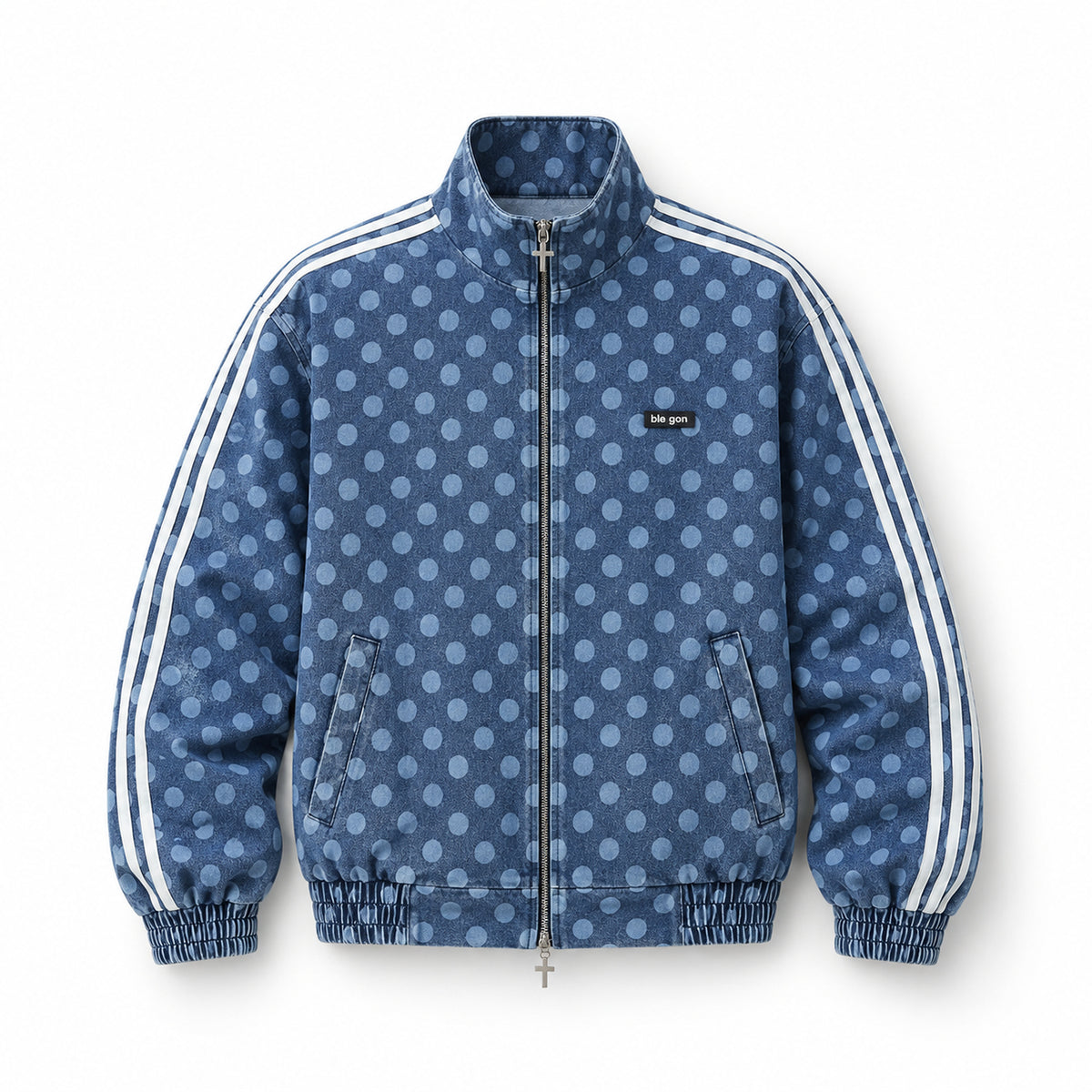 Men's Polka-Dot Side-Stripe Cropped Denim Jacket in blue - product view