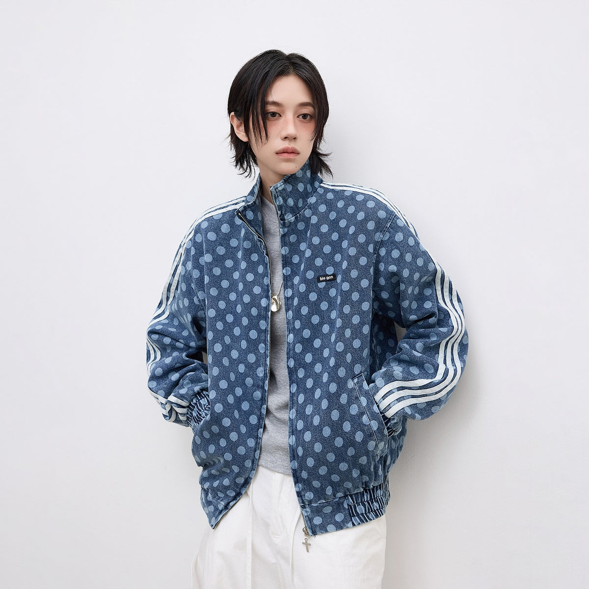 Men's Polka-Dot Side-Stripe Cropped Denim Jacket - original product reference 1