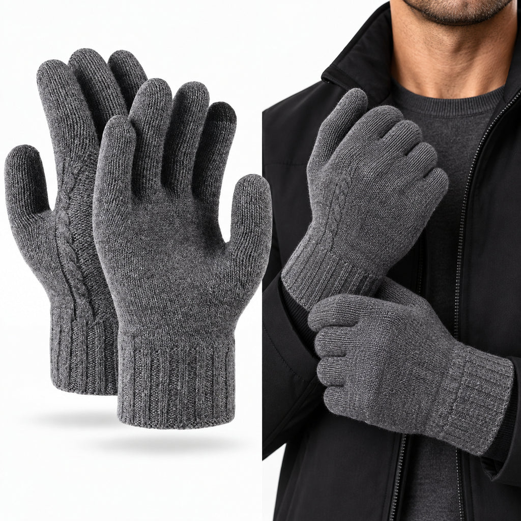 Men's Pure Wool Ribbed Knit Gloves - worn view