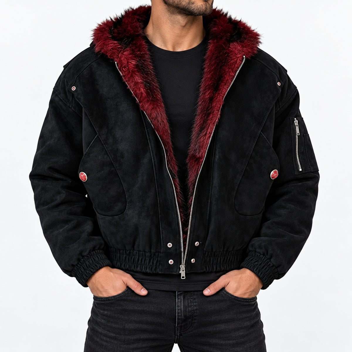 Men's Red-Lined Faux-Fur Hooded Puffer Jacket in black - worn view