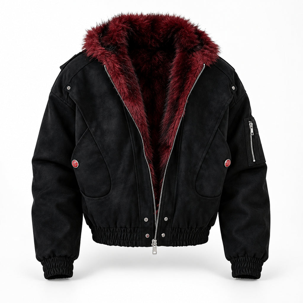 Men's Red-Lined Faux-Fur Hooded Puffer Jacket in black - product view