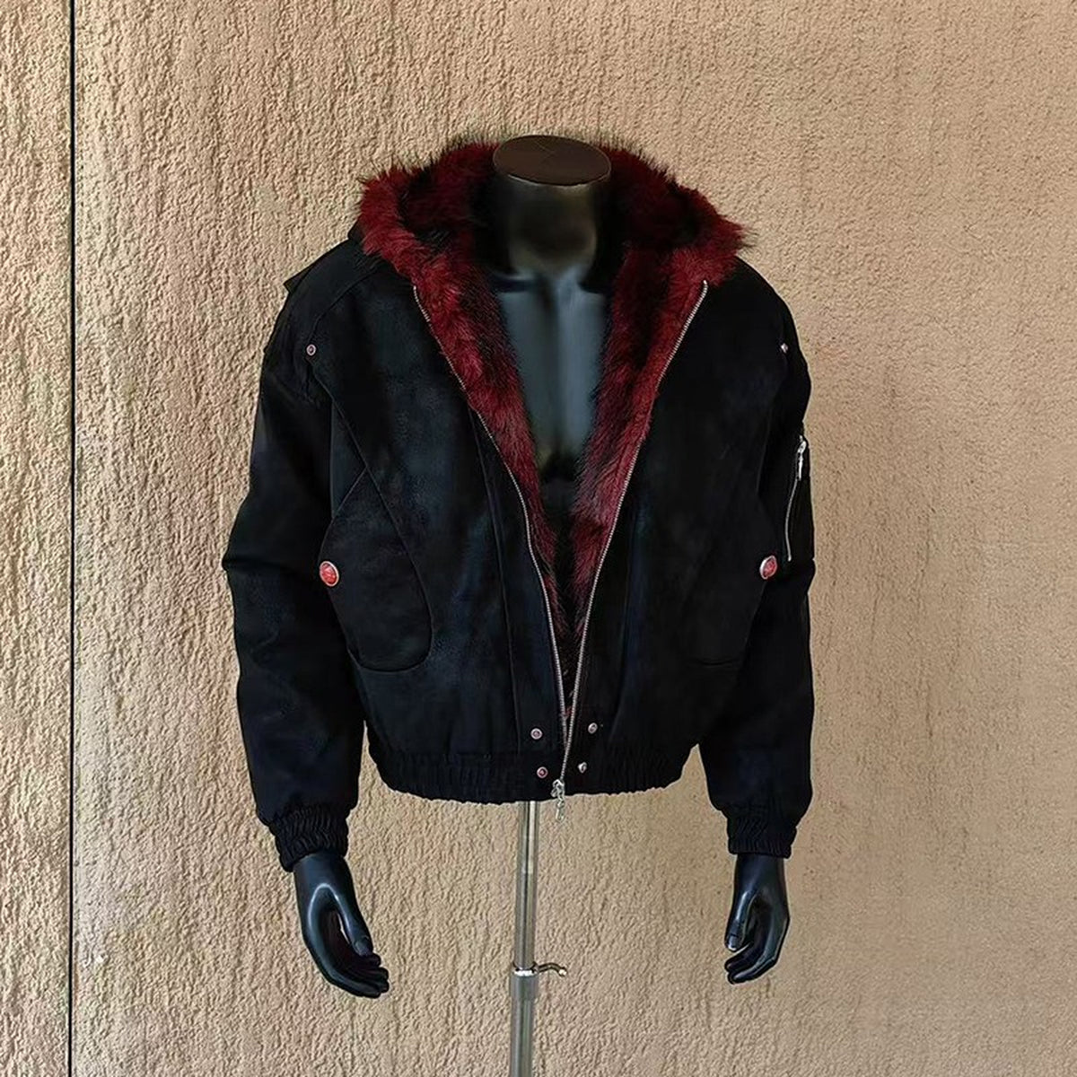 Men's Red-Lined Faux-Fur Hooded Puffer Jacket - original product reference 1
