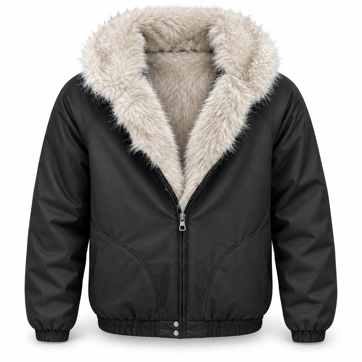 Men's Shearling-Lined Hooded Puffer Jacket in black - worn view