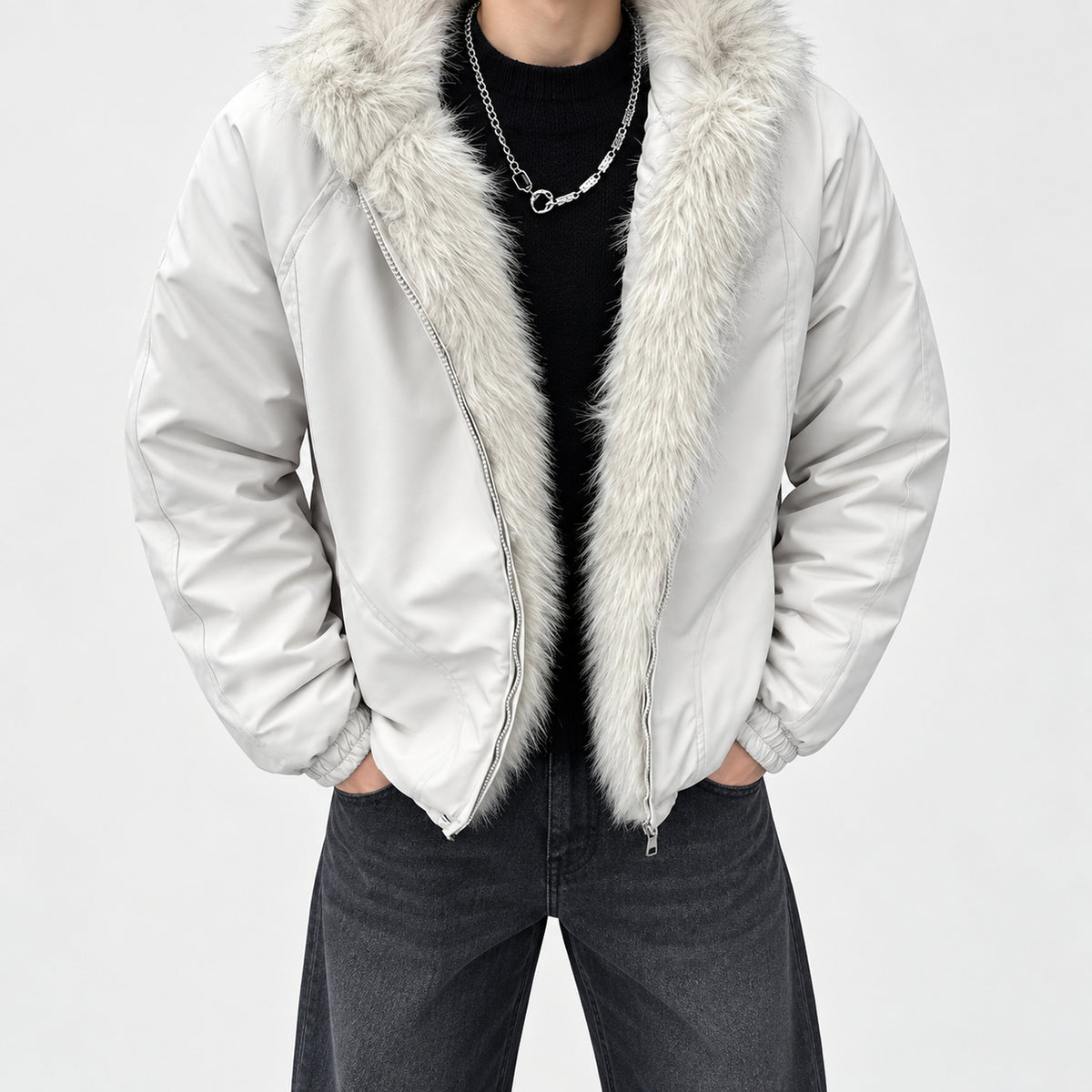 Men's Shearling-Lined Hooded Puffer Jacket in white - worn view