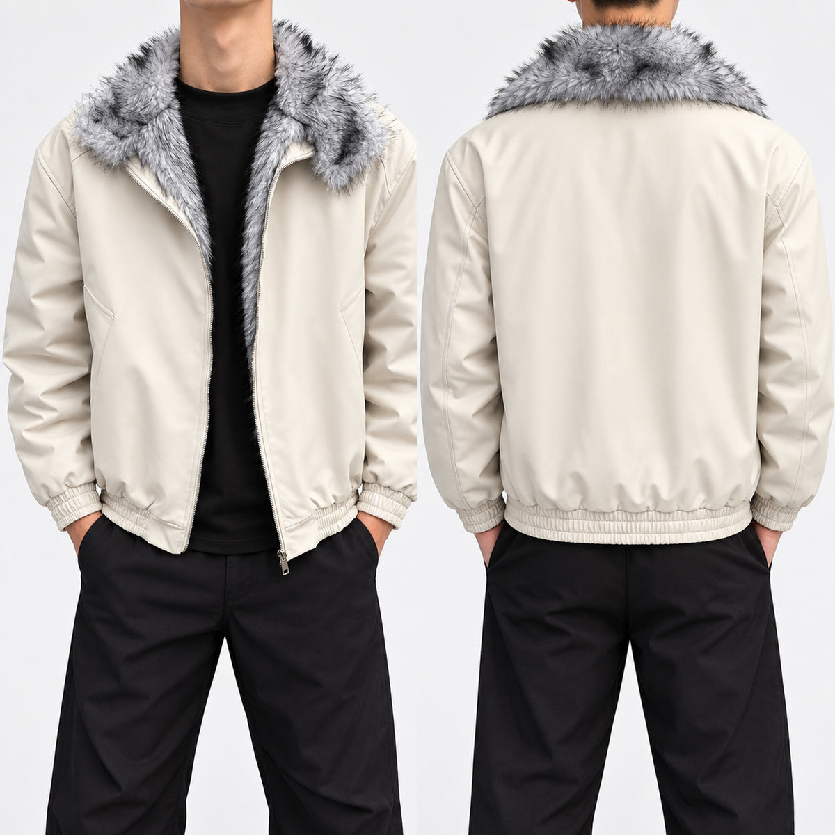 Men's Stand-Collar Faux-Fur-Lined Winter Jacket in beige - worn view