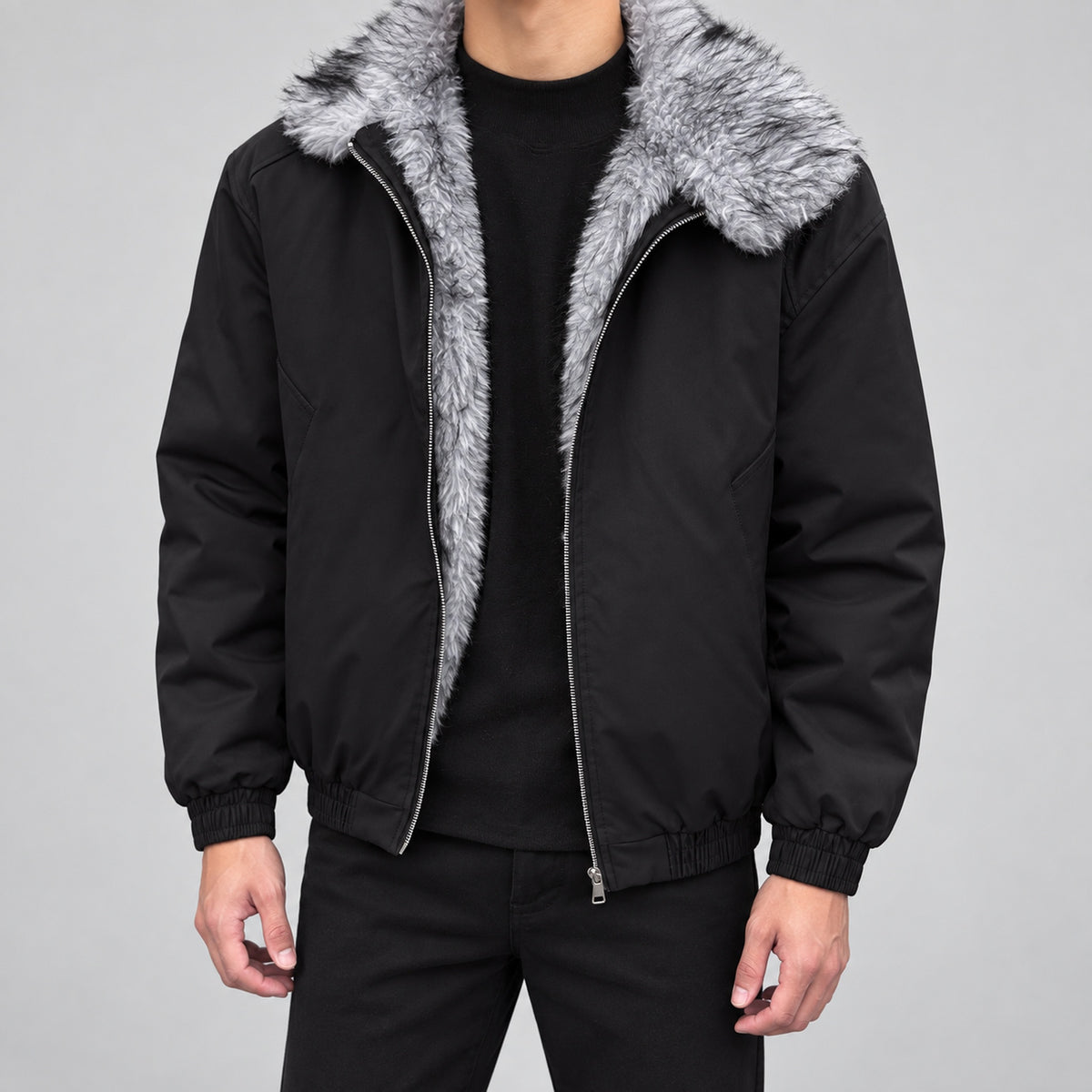 Men's Stand-Collar Faux-Fur-Lined Winter Jacket in black - worn view