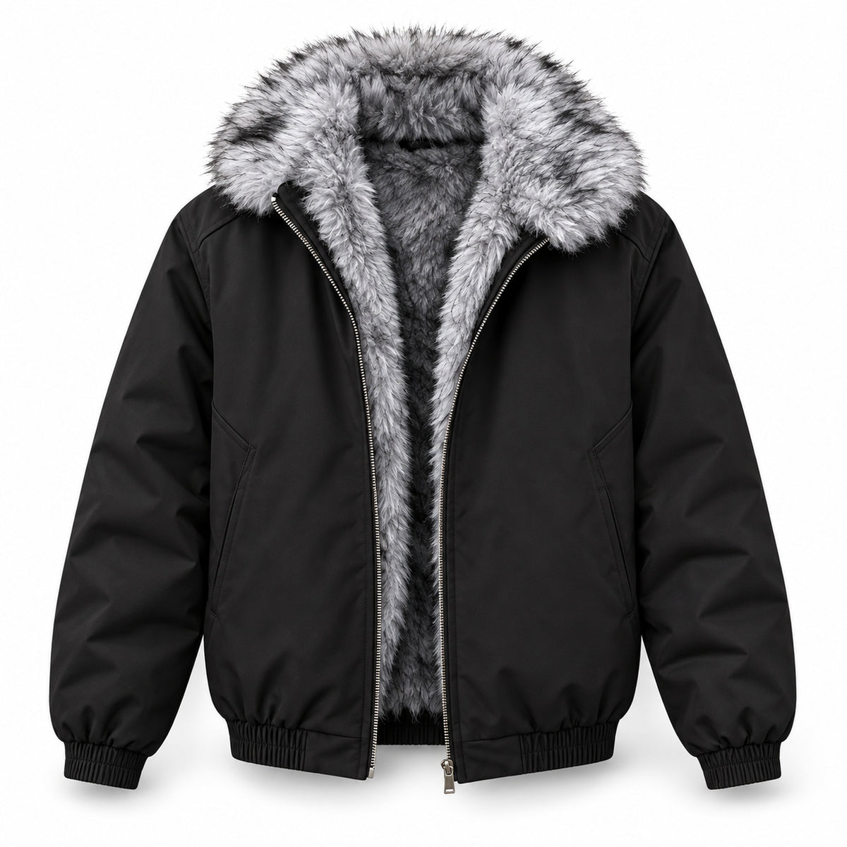 Men's Stand-Collar Faux-Fur-Lined Winter Jacket in black - product view