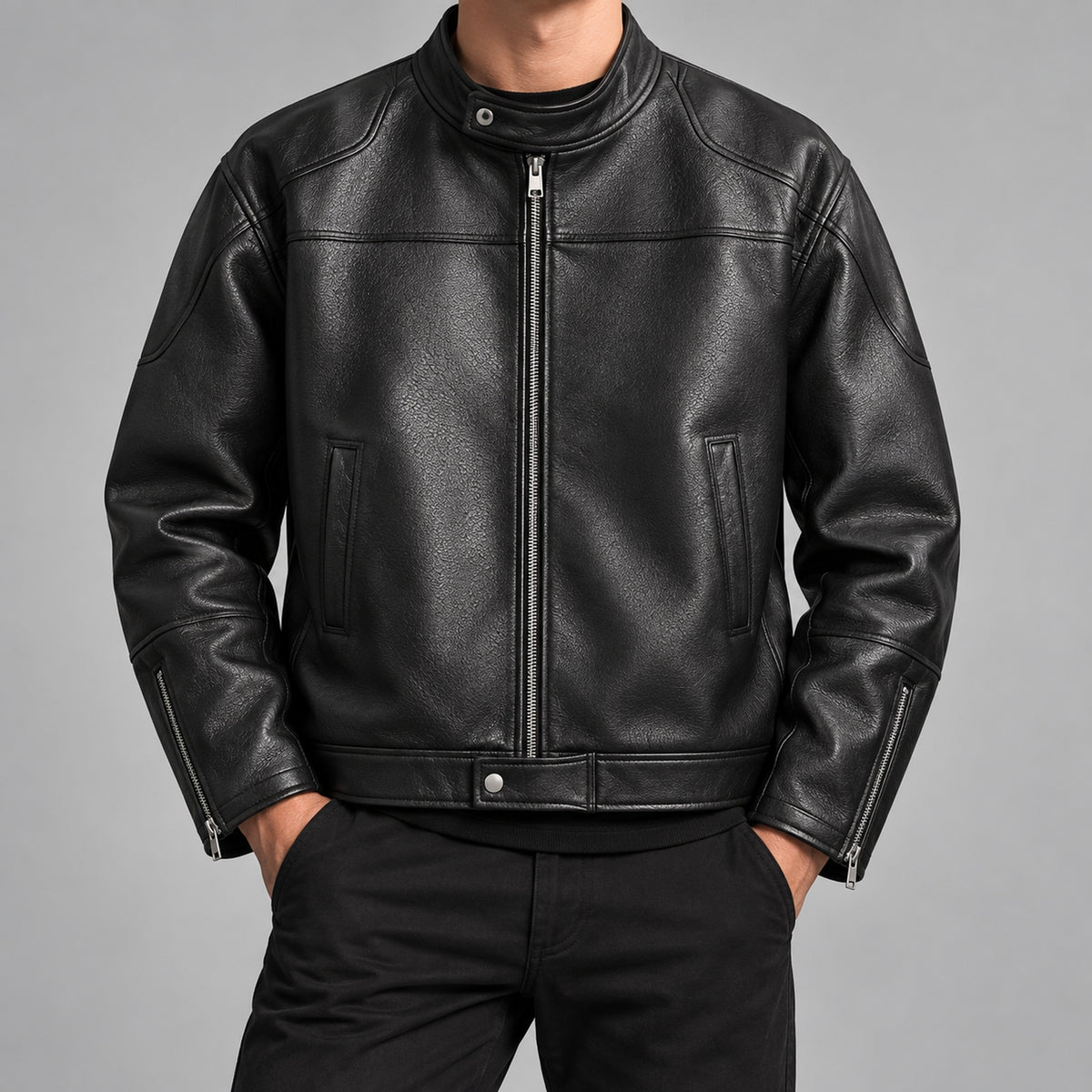 Men's stand-collar faux-leather zip jacket in black - worn view