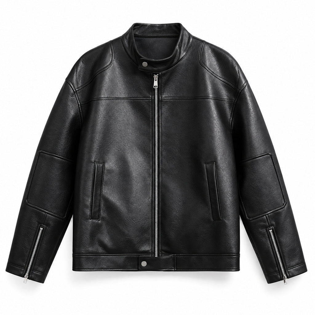 Men's stand-collar faux-leather zip jacket in black - product view