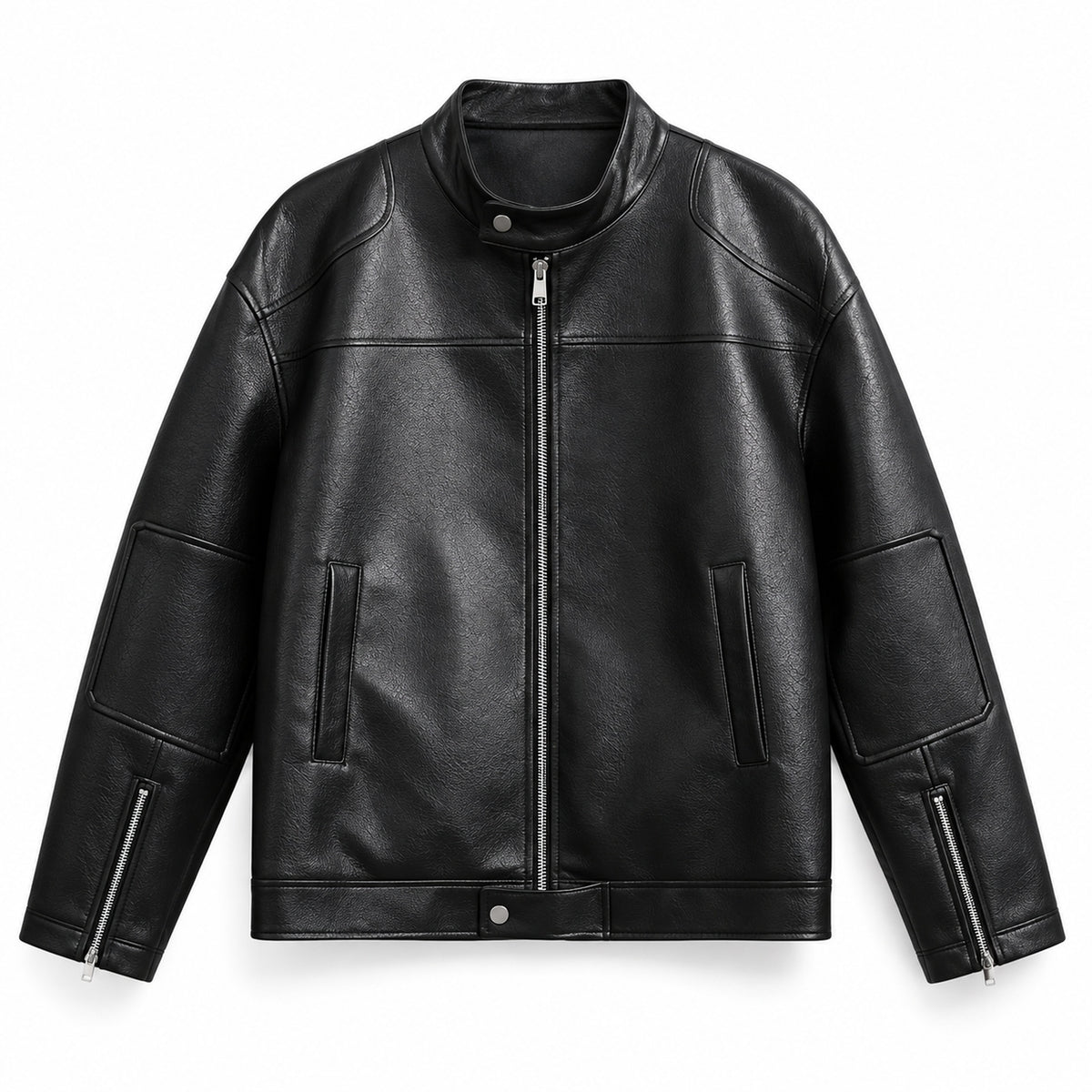 Men's stand-collar faux-leather zip jacket in black - product view