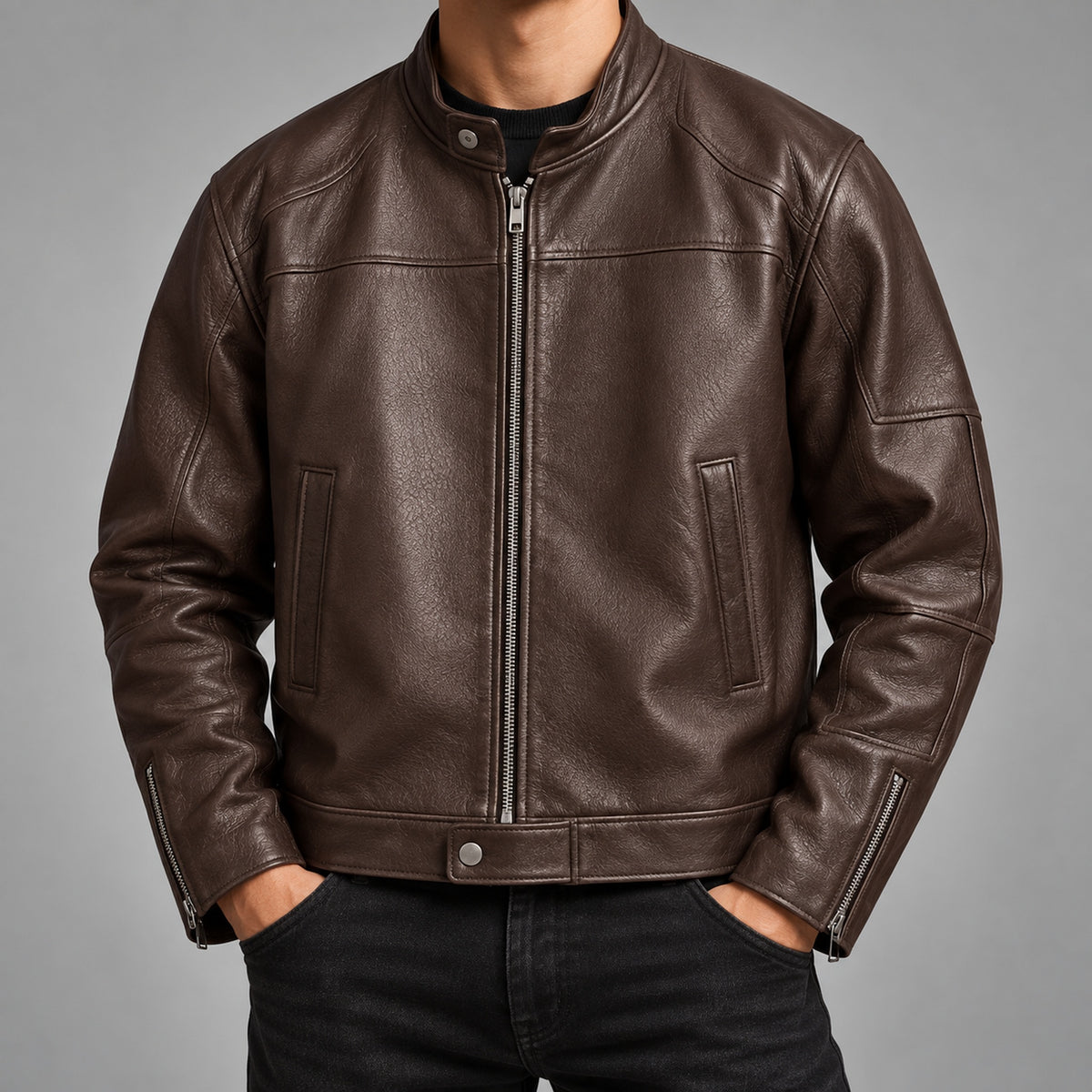 Men's stand-collar faux-leather zip jacket in brown - worn view