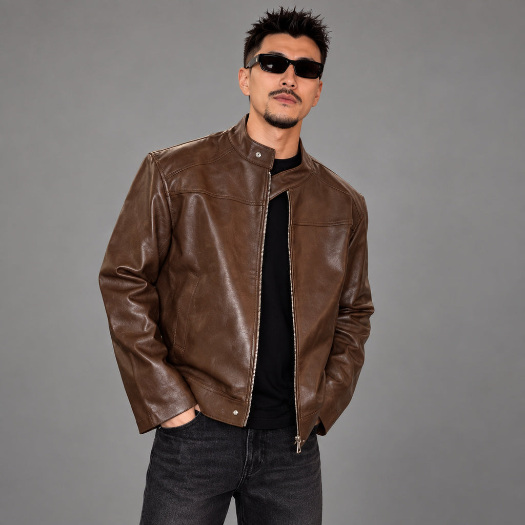 Men's stand-collar faux-leather zip jacket - original worn view