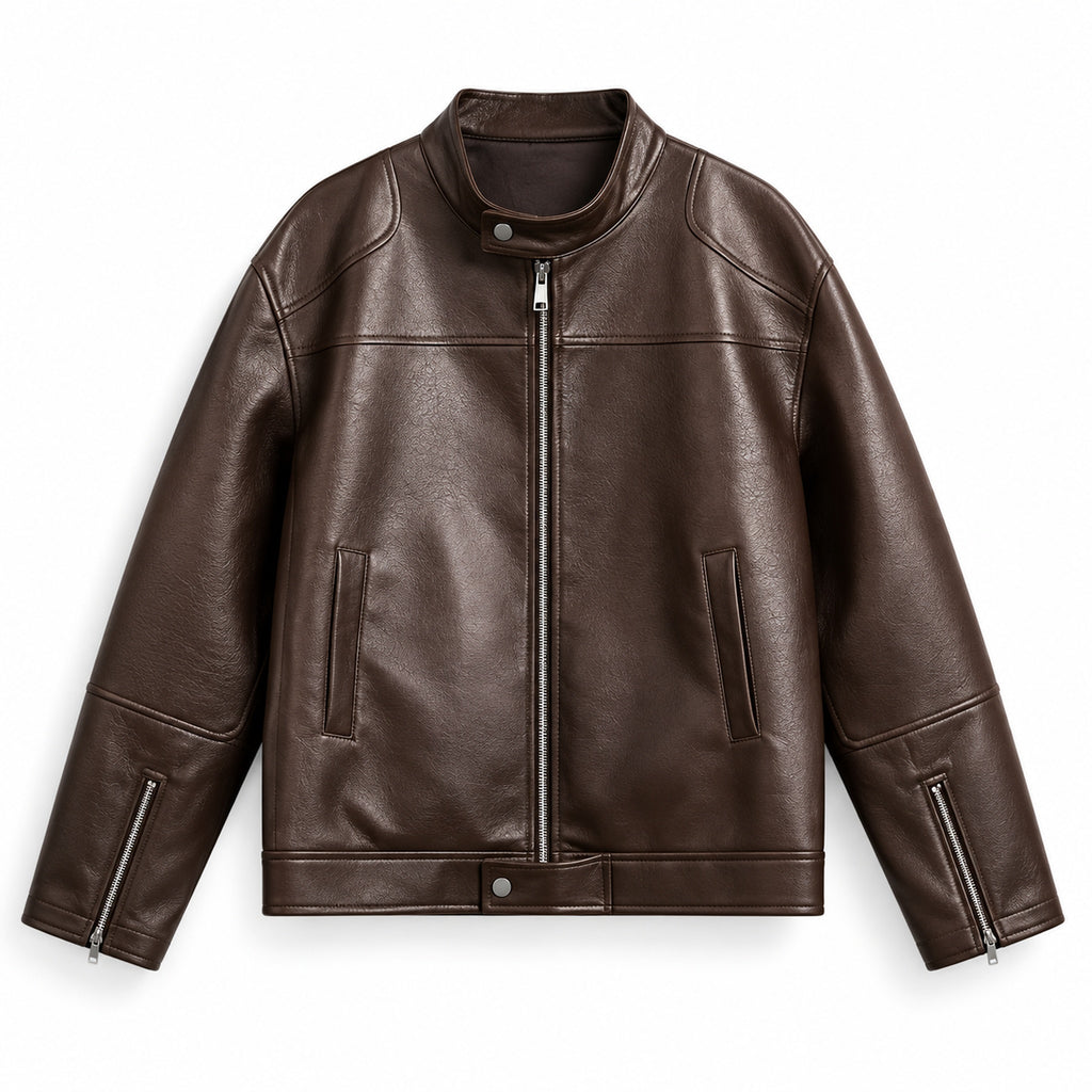 Men's stand-collar faux-leather zip jacket in brown - product view