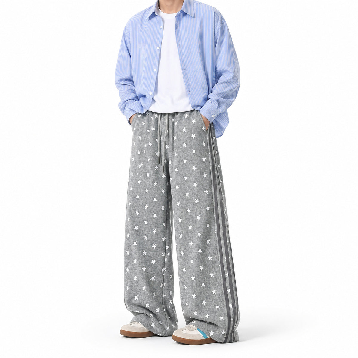 Men's Star-Print Side-Stripe Wide-Leg Sweatpants in gray - worn view