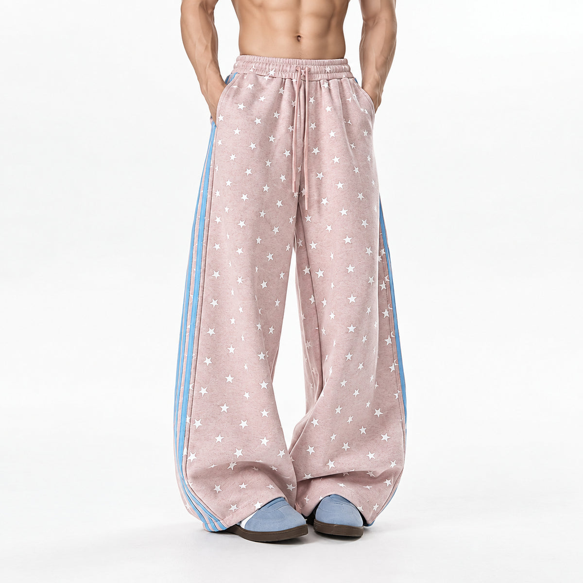 Men's Star-Print Side-Stripe Wide-Leg Sweatpants in pink - worn view
