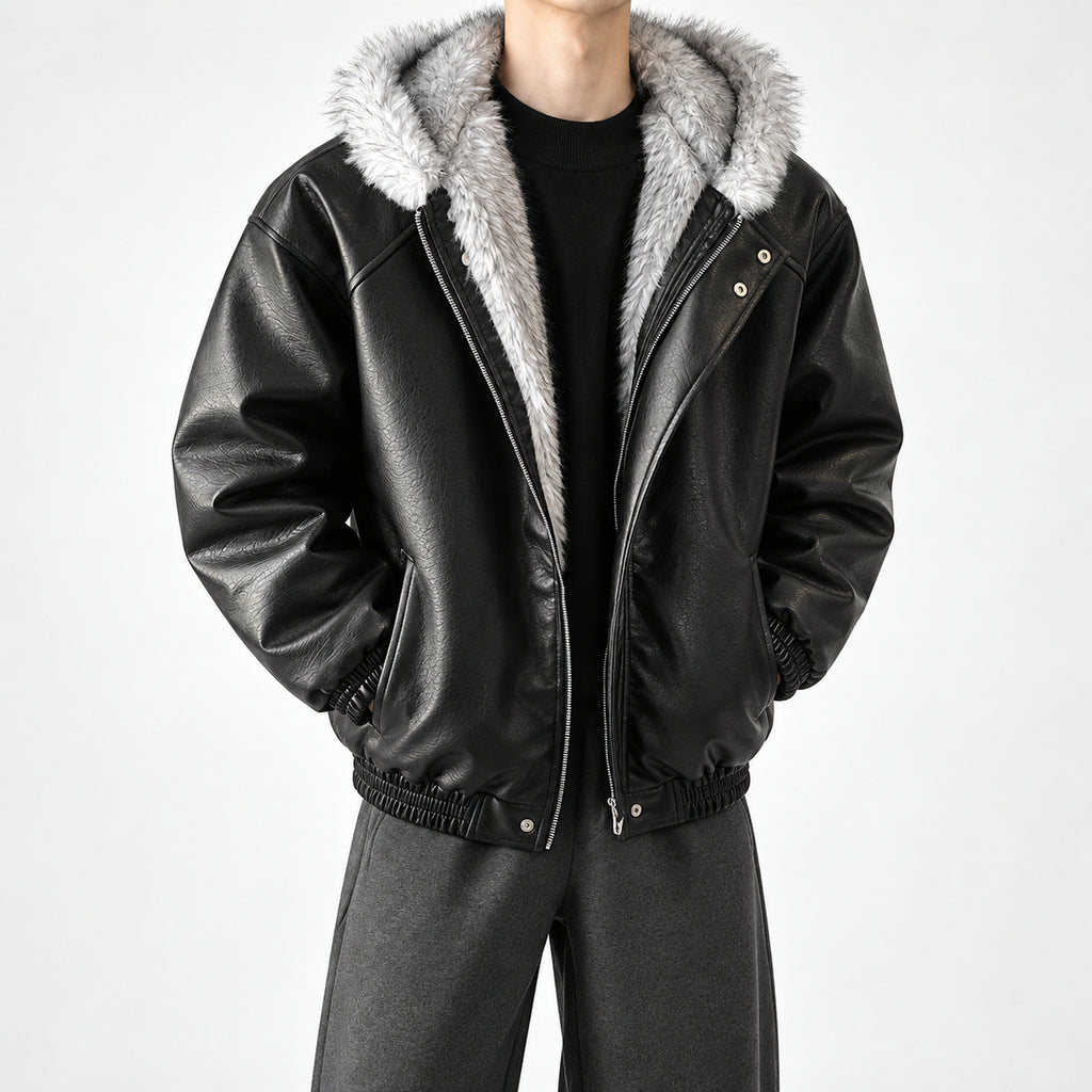 Men's Textured Faux-Leather Faux-Fur Hood Jacket in black - worn view