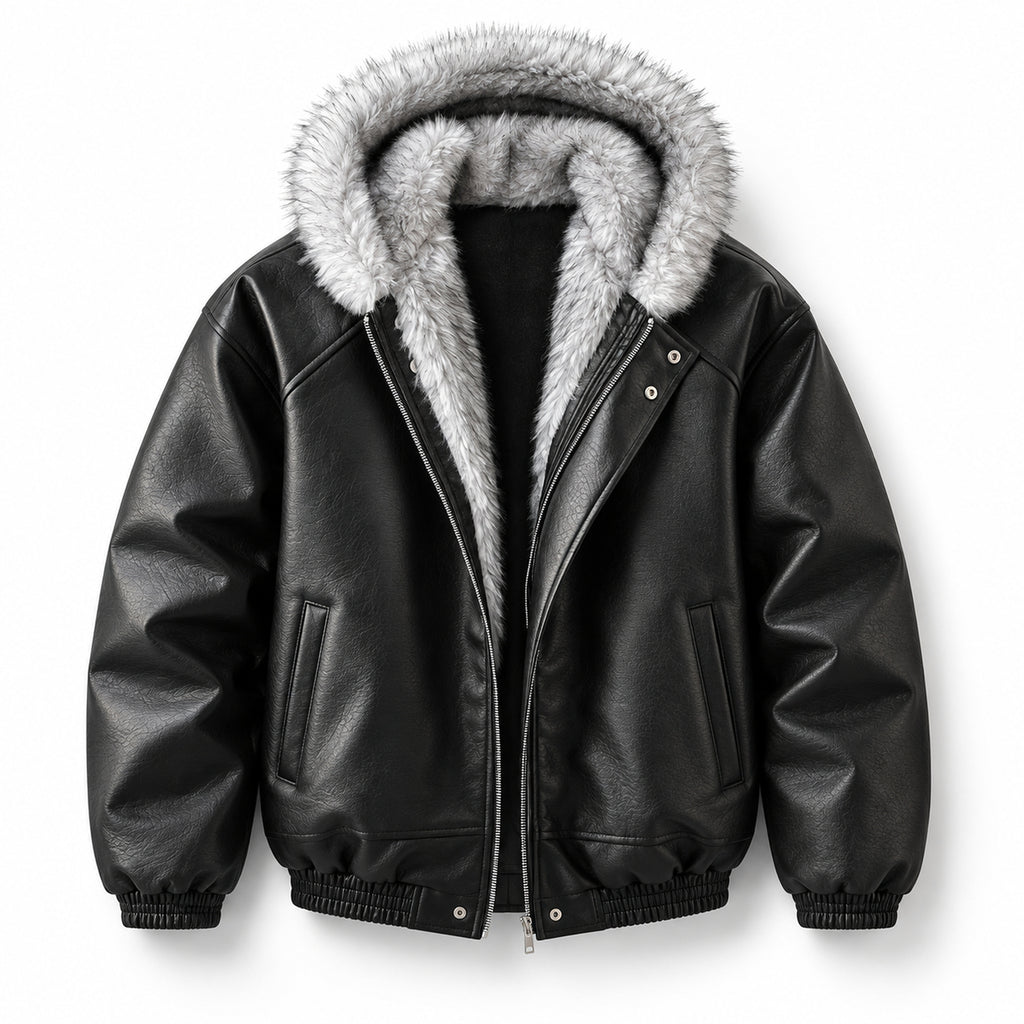 Men's Textured Faux-Leather Faux-Fur Hood Jacket in black - product view