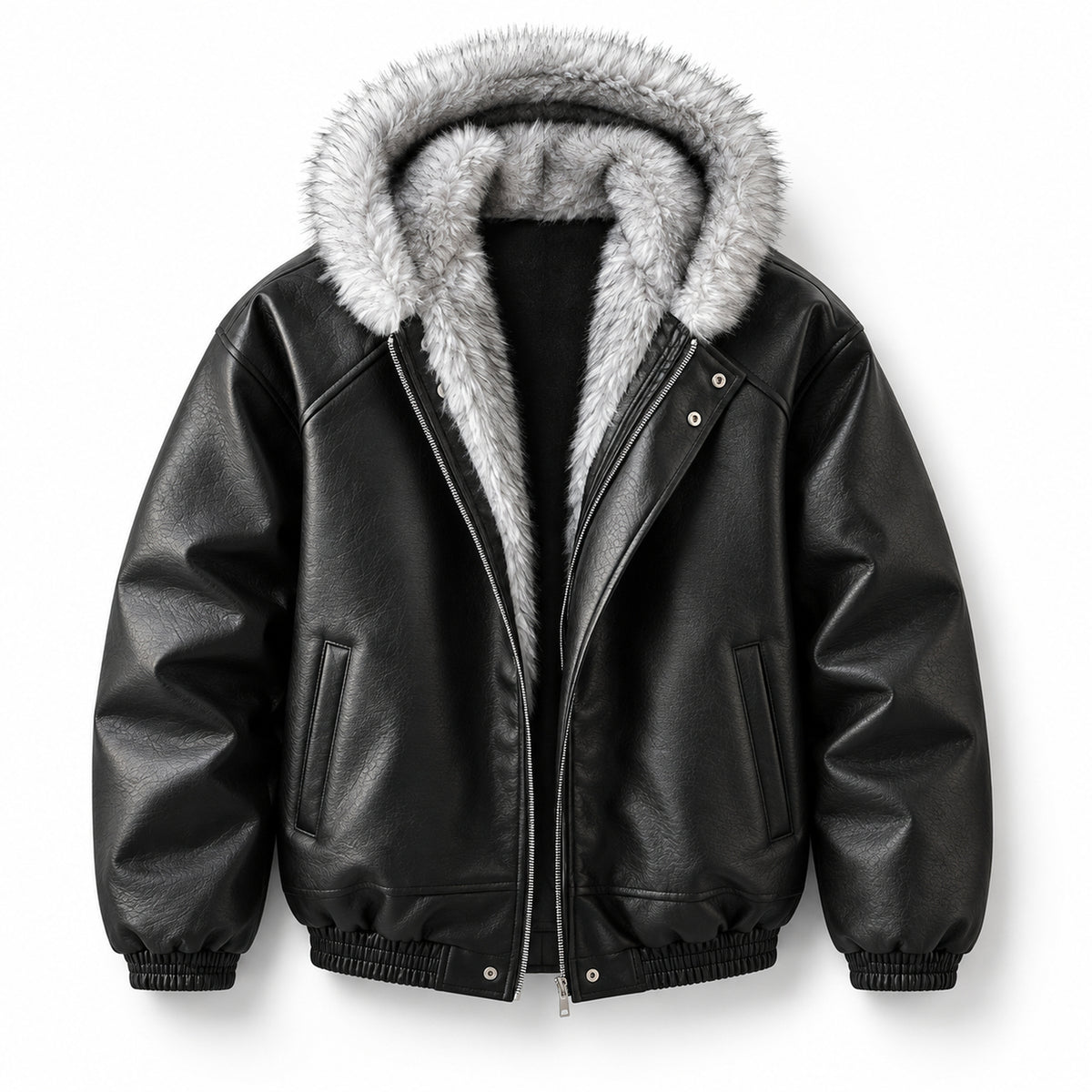 Men's Textured Faux-Leather Faux-Fur Hood Jacket in black - product view