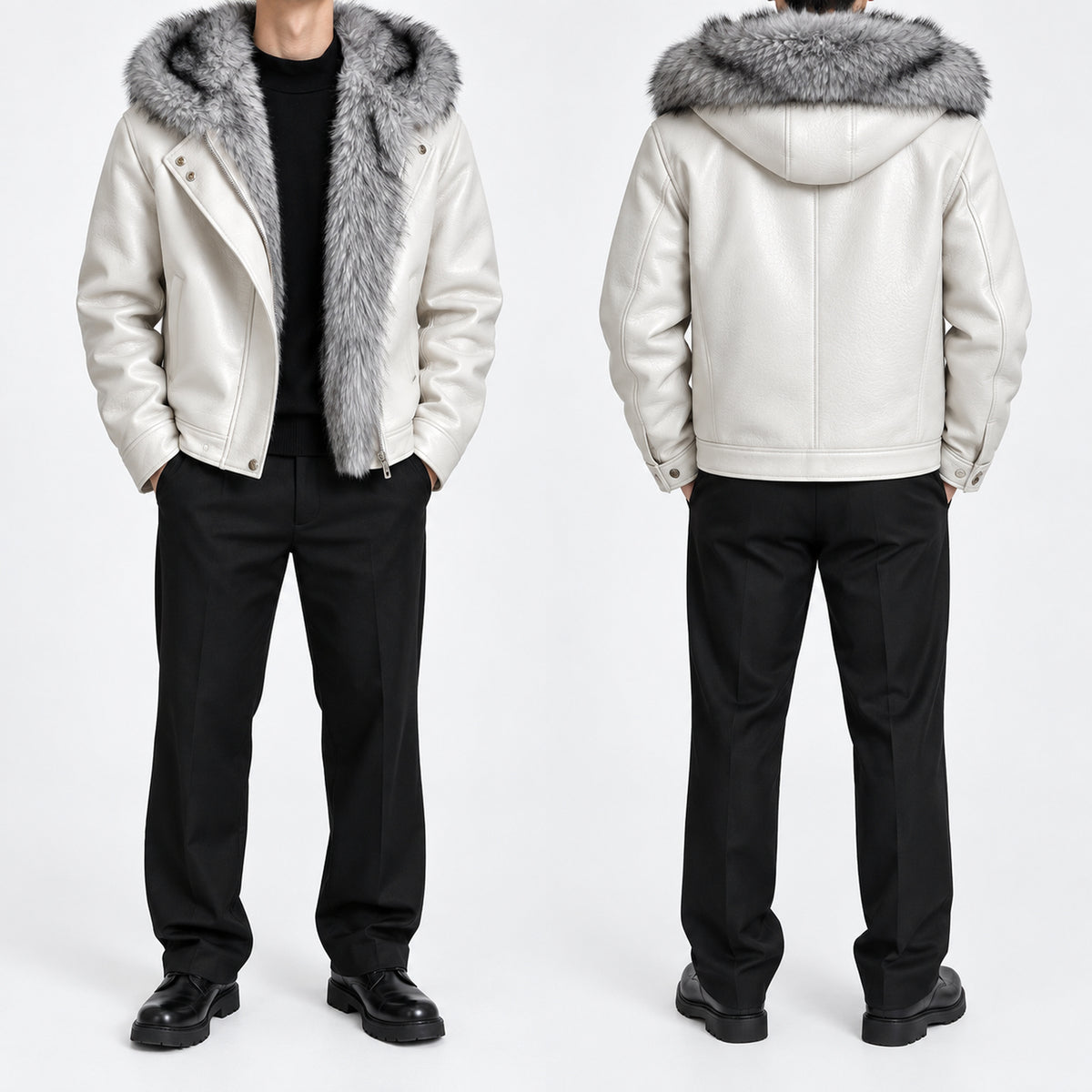 Men's Textured Faux-Leather Faux-Fur Hood Jacket in light gray - worn view