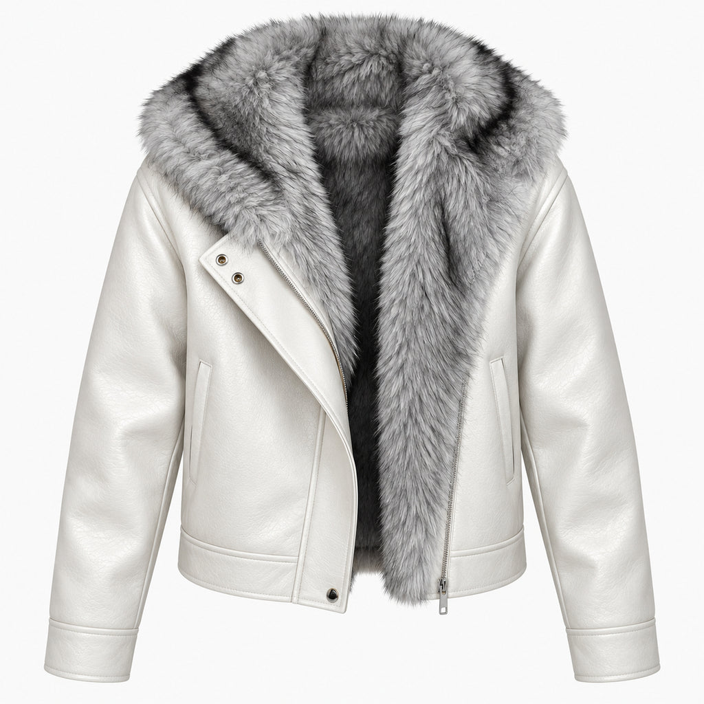 Men's Textured Faux-Leather Faux-Fur Hood Jacket in light gray - product view