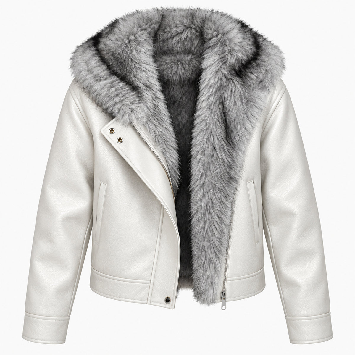 Men's Textured Faux-Leather Faux-Fur Hood Jacket in light gray - product view