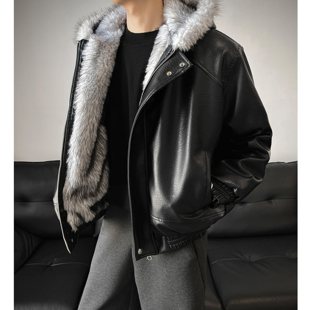 Men's Textured Faux-Leather Faux-Fur Hood Jacket - original product reference 1