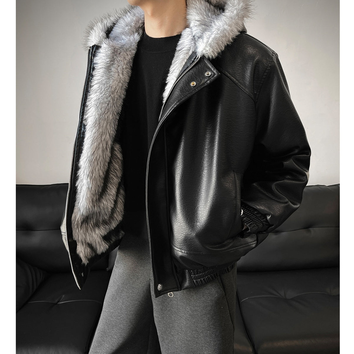 Men's Textured Faux-Leather Faux-Fur Hood Jacket - original product reference 1