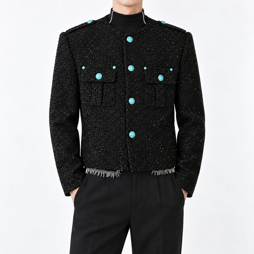 Men's Turquoise-Stud Metallic Tweed Jacket in black - worn view