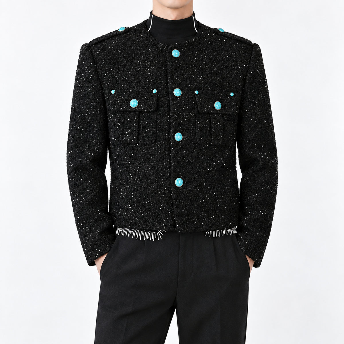 Men's Turquoise-Stud Metallic Tweed Jacket in black - worn view