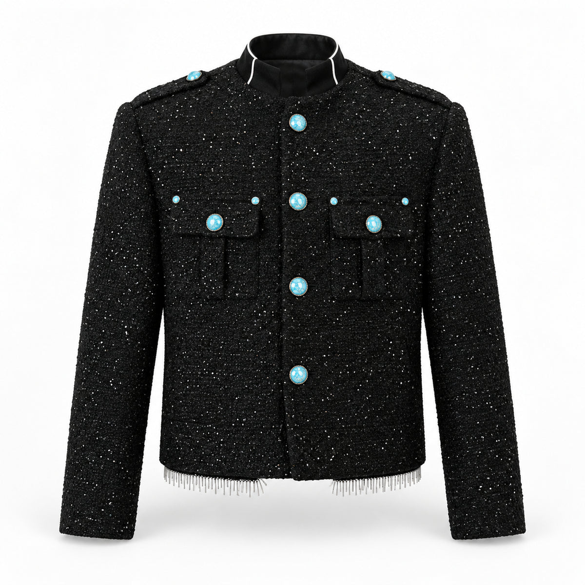 Men's Turquoise-Stud Metallic Tweed Jacket in black - product view