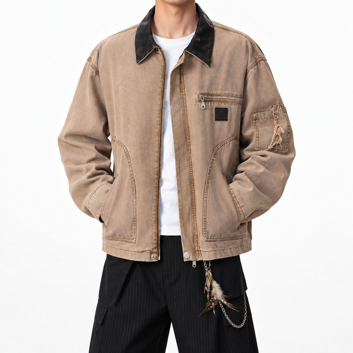 Men's Vintage Contrast-Collar Workwear Jacket in khaki brown - worn view