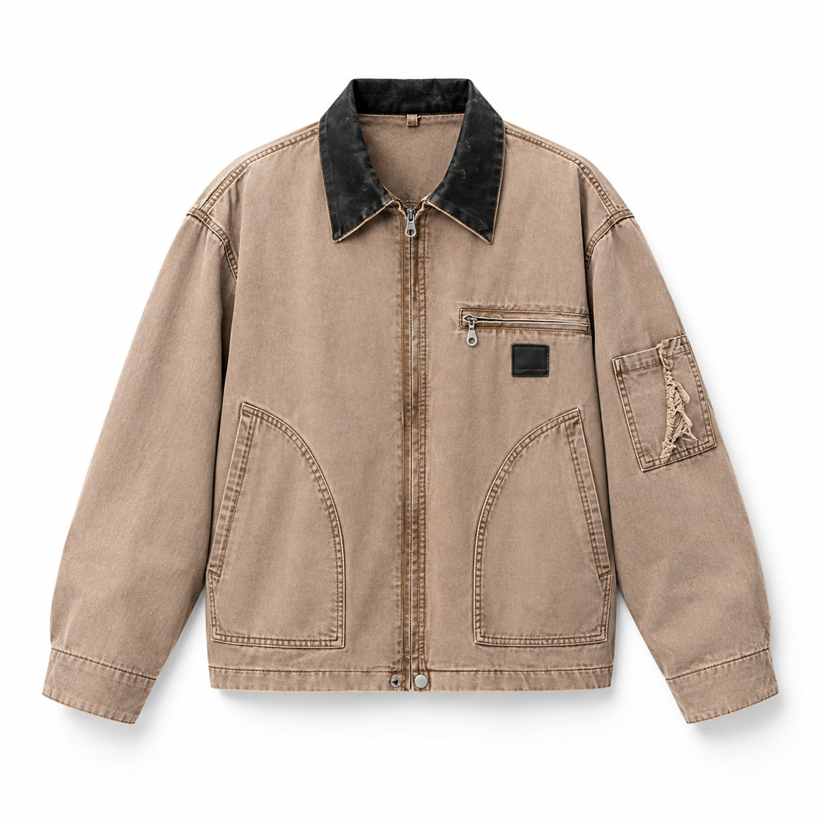 Men's Vintage Contrast-Collar Workwear Jacket in khaki brown - product view