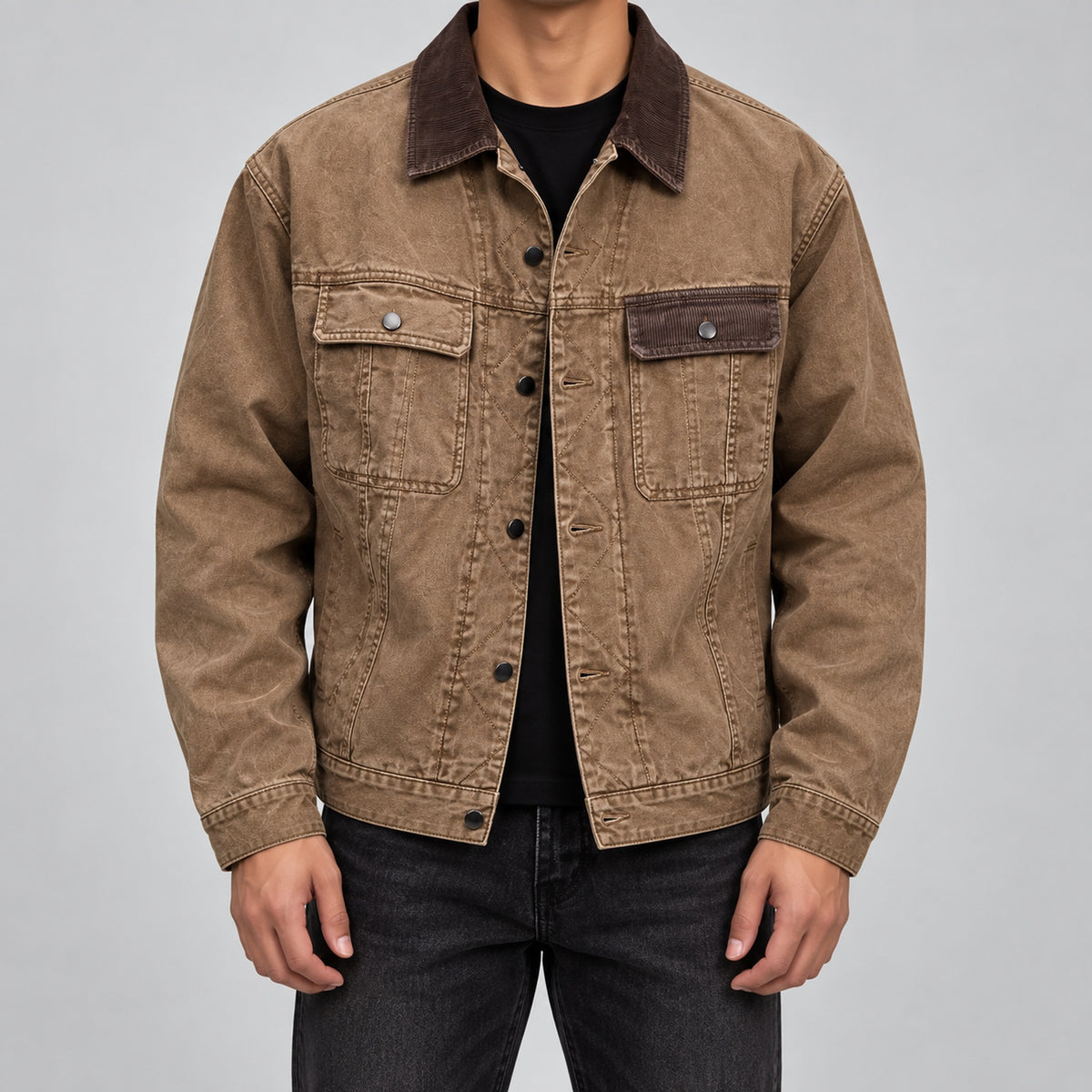 Men's washed cotton canvas workwear jacket in taupe - worn view