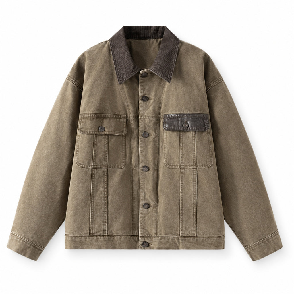 Men's washed cotton canvas workwear jacket in taupe - product view