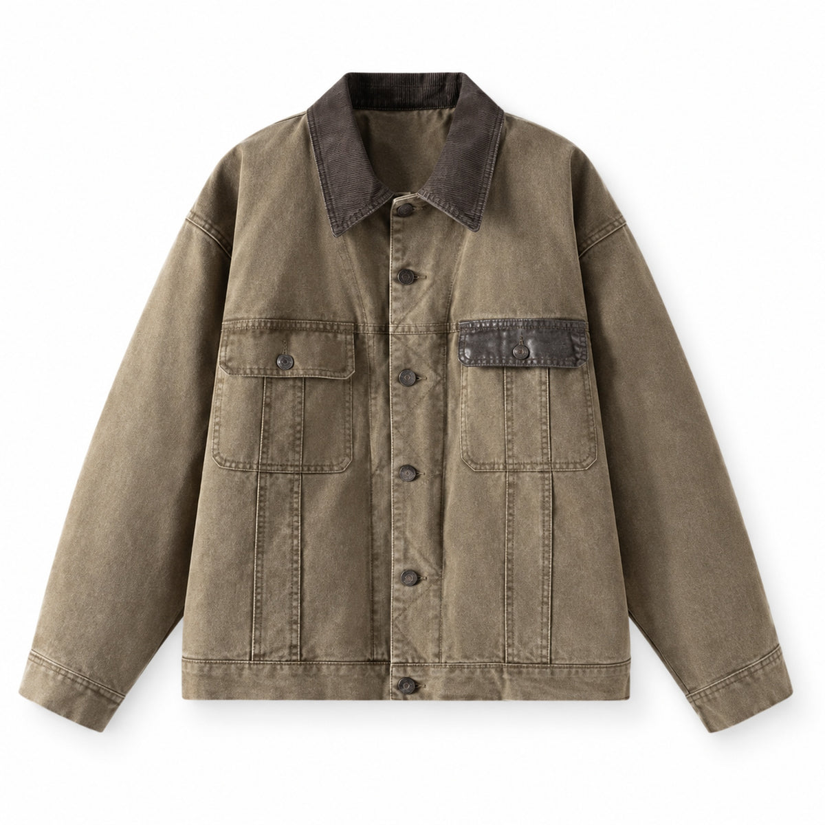 Men's washed cotton canvas workwear jacket in taupe - product view