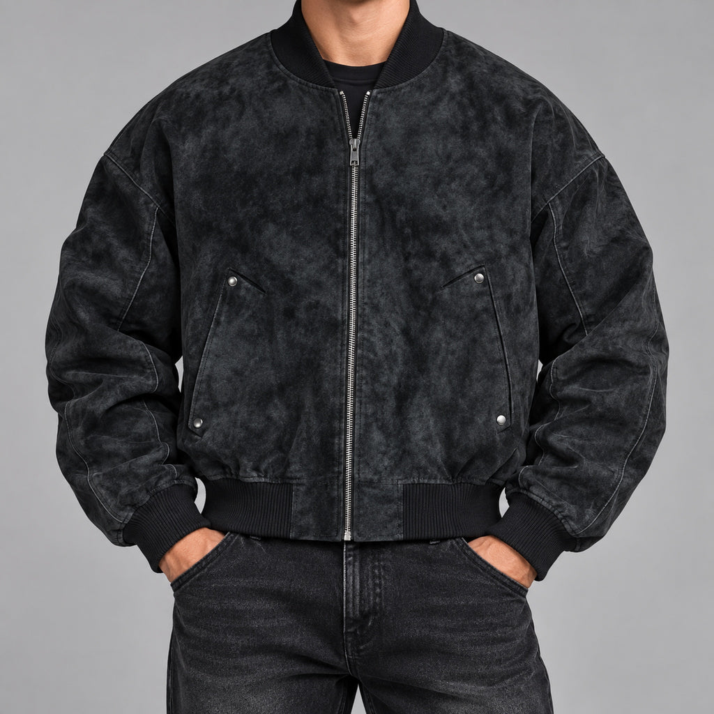 Men's washed faux-suede bomber jacket in black - worn view