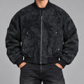 Men's washed faux-suede bomber jacket in black - worn view