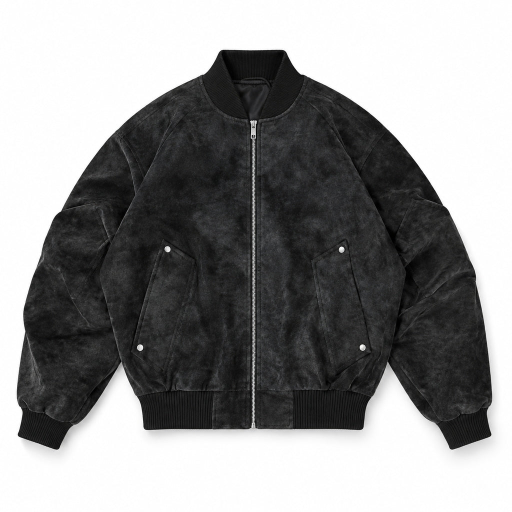 Men's washed faux-suede bomber jacket in black - product view