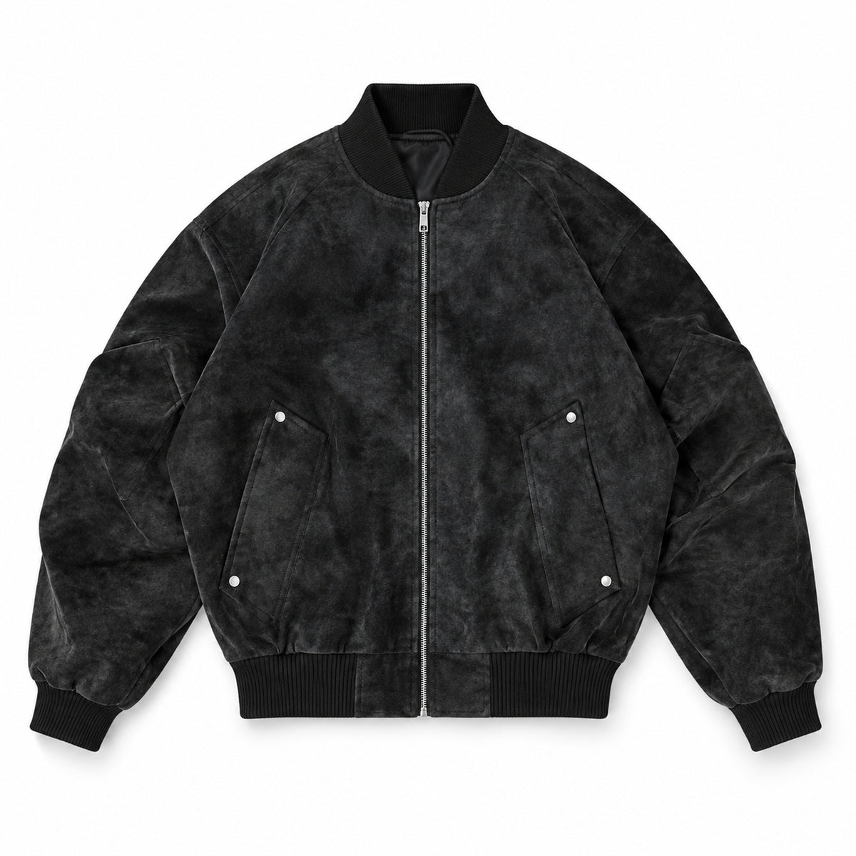Men's washed faux-suede bomber jacket in black - product view
