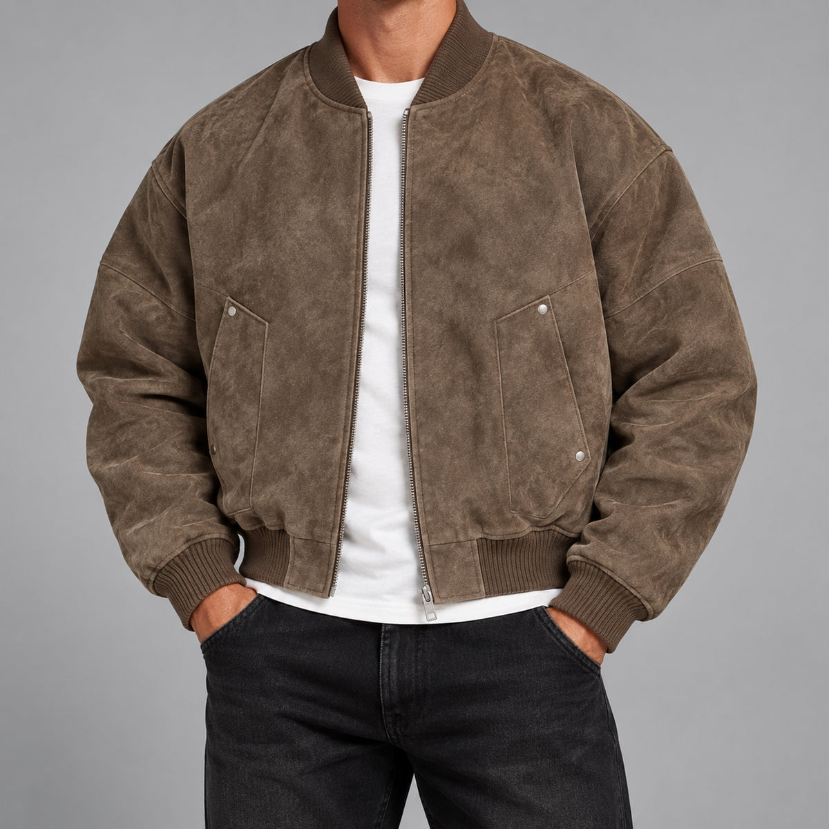 Men's washed faux-suede bomber jacket in brown - worn view