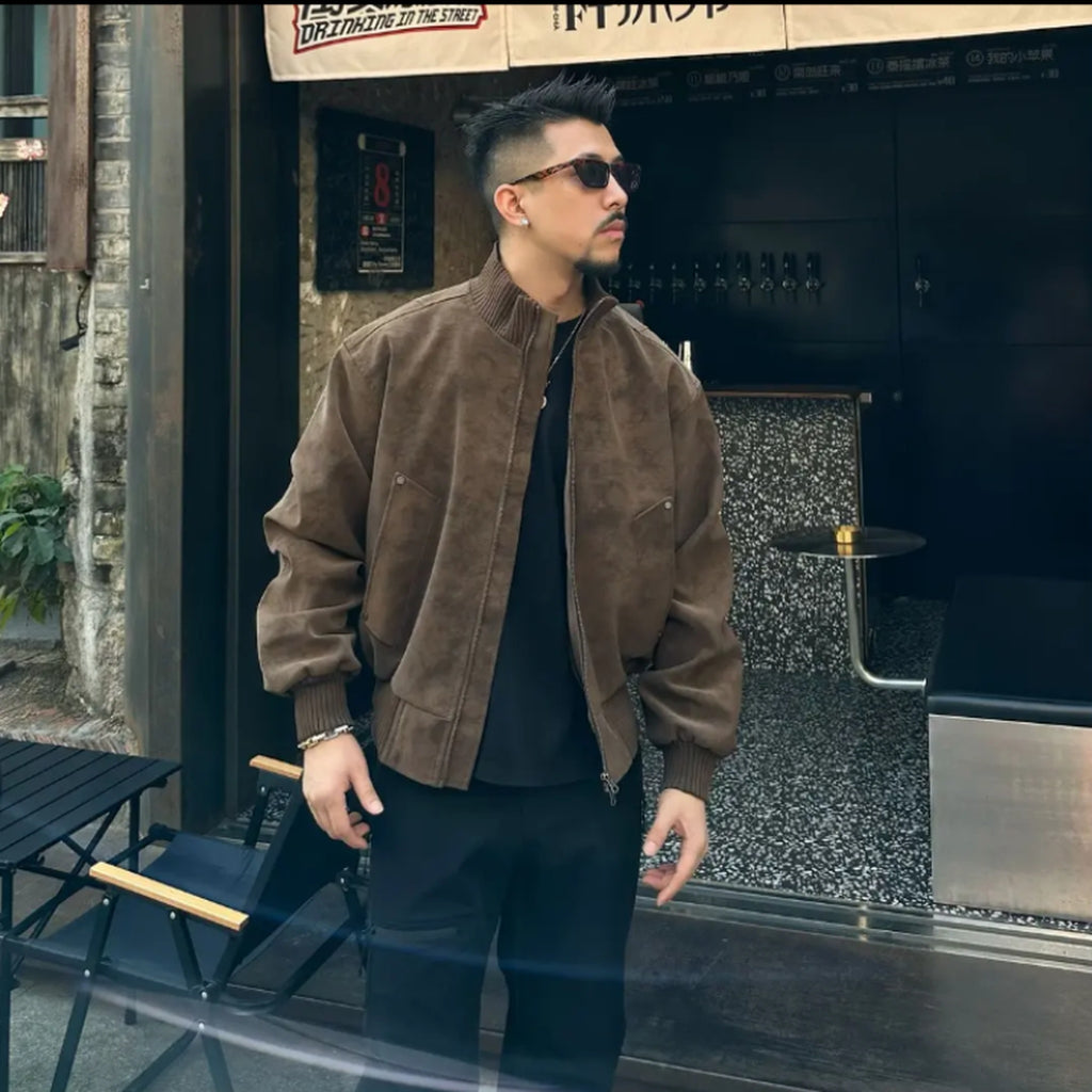 Men's washed faux-suede bomber jacket - original worn view