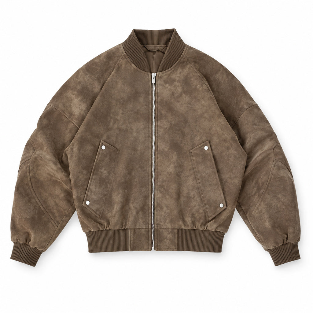 Men's washed faux-suede bomber jacket in brown - product view