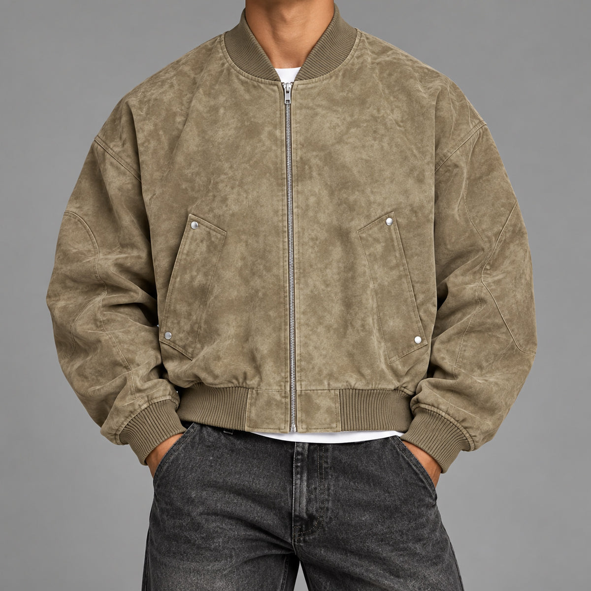 Men's washed faux-suede bomber jacket in khaki wash - worn view