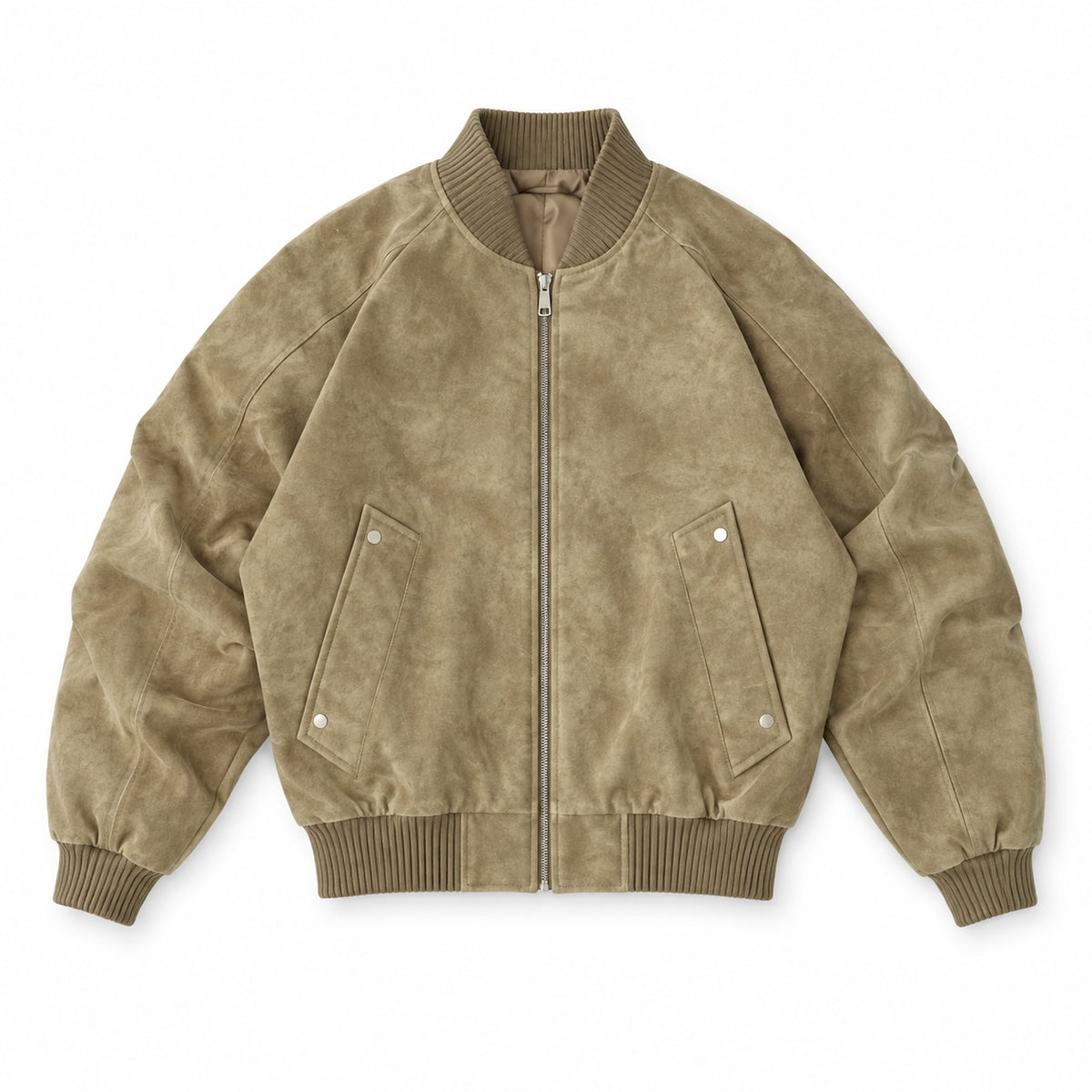 Men's washed faux-suede bomber jacket in khaki wash - product view