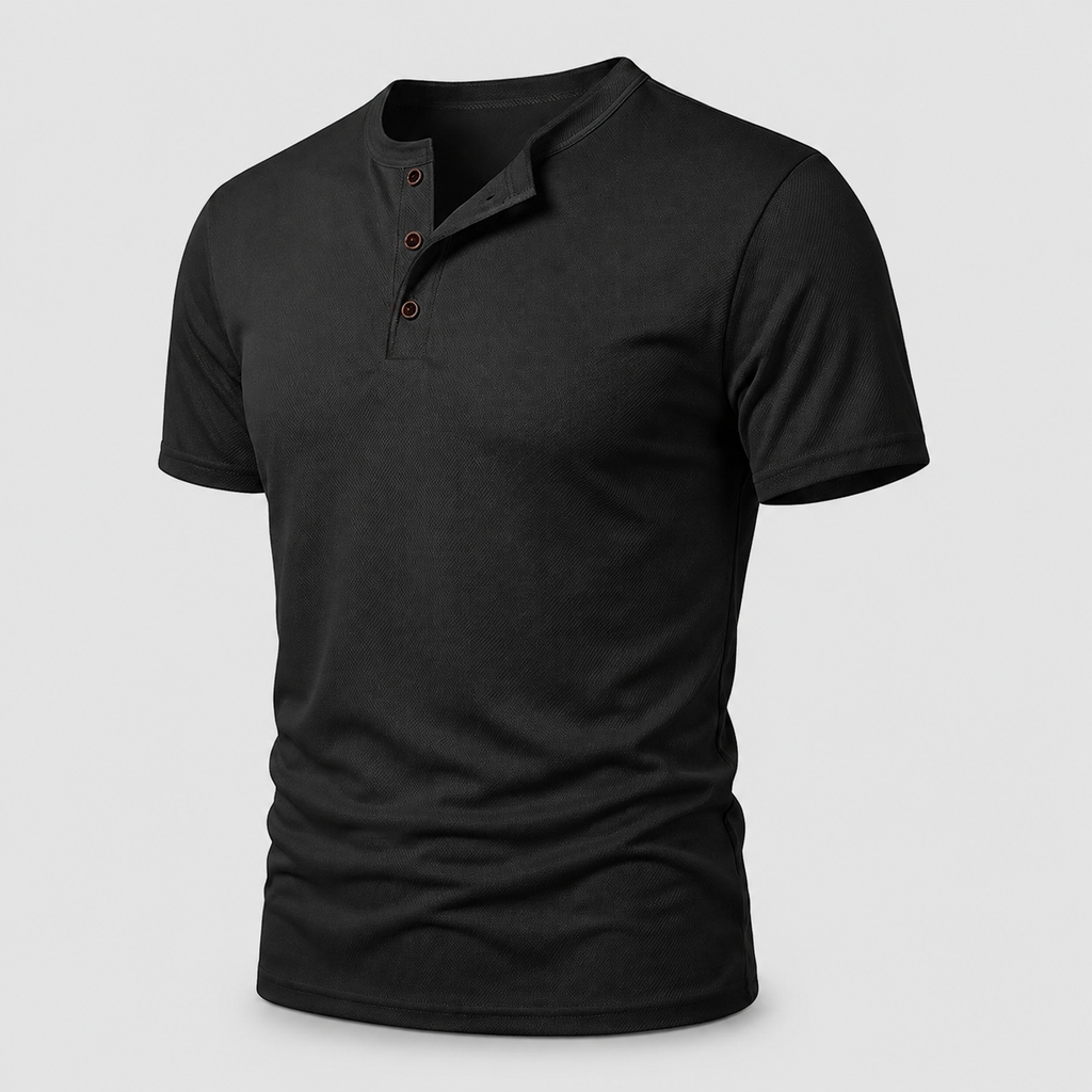 VARENFORM mesh henley short sleeve tee black flat lay front