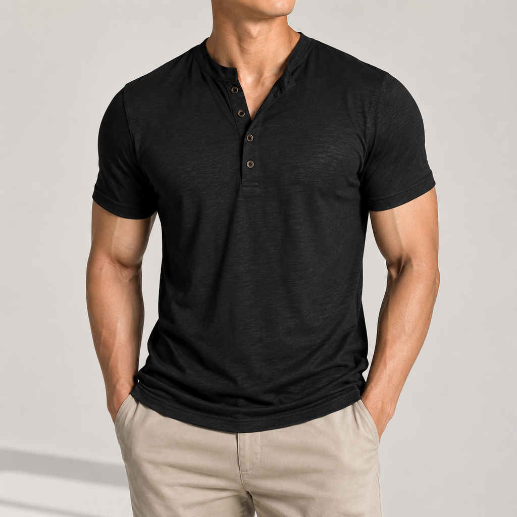 VARENFORM mesh henley short sleeve tee in black on model