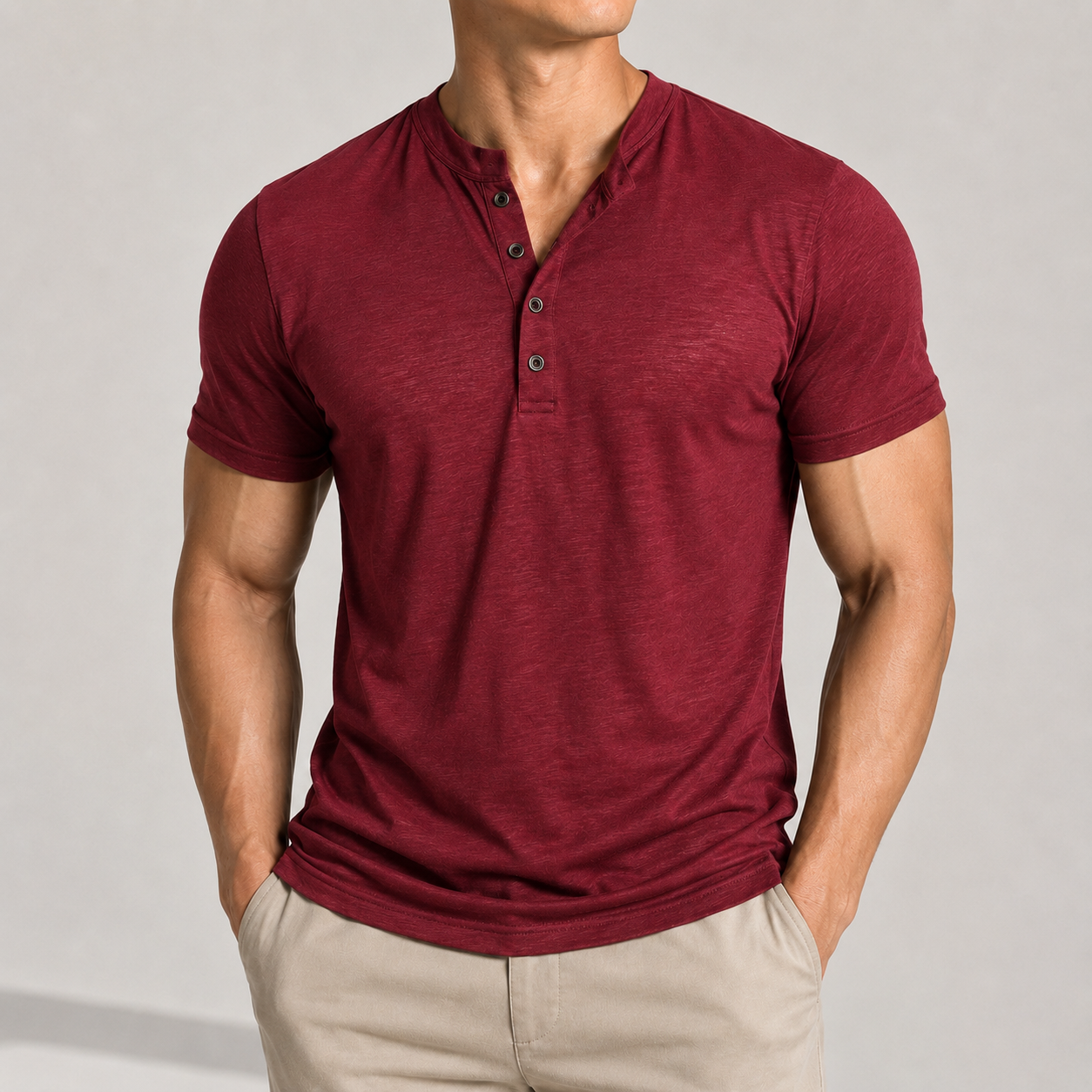 VARENFORM mesh henley short sleeve tee in burgundy on model