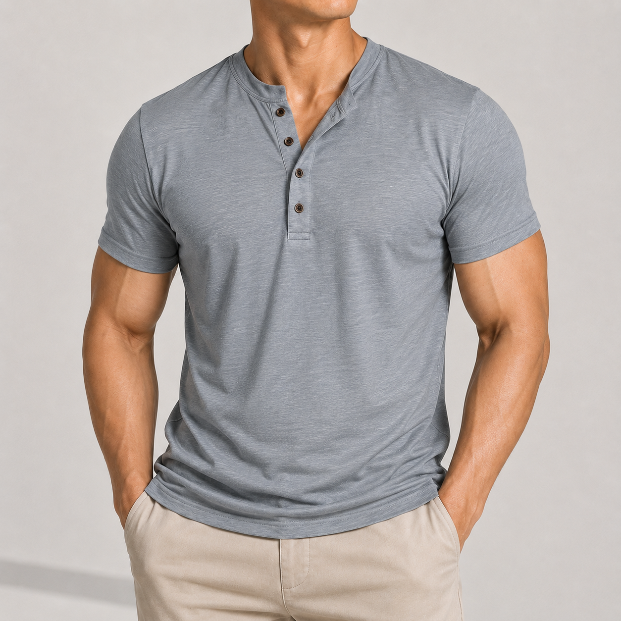 VARENFORM mesh henley short sleeve tee in light grey on model