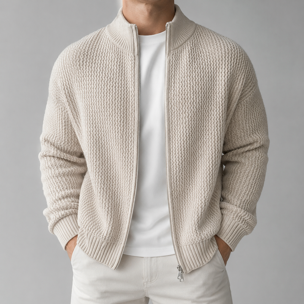 VAREN FORM Moss Texture Stand Collar Zip Cardigan beige model front